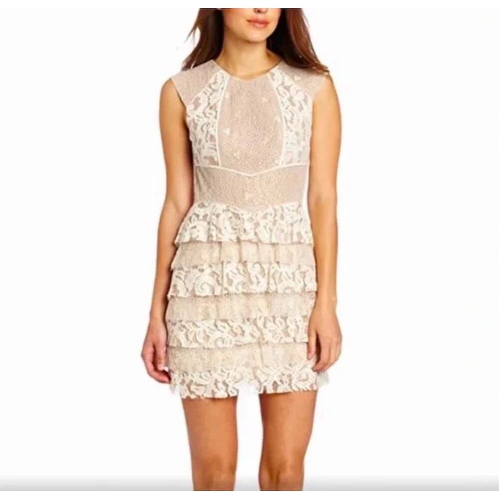 BCBGMAXAZRIA‎ Kayla Tiered Lace Mini Dress Beige Standard Size 2 Party Cocktail